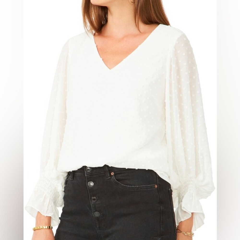 Vince Camuto Long Sleeve Smock Cuff Clip Dot V-Neck Blouse in Ecru Ivory